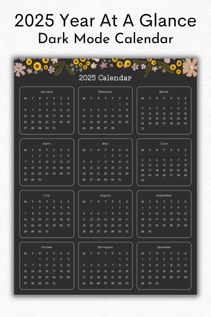 2025 Dark Mode Year At A Glance (Monday Start) - JellyMemos Shop